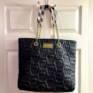 Betsey Johnson HUGE black and white striped skull handbag goth emo punk